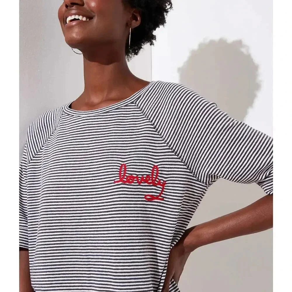 Loft Striped Short Sleeve Embroidered Lovely Blouse Size M